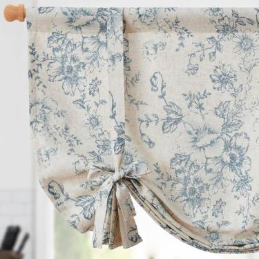 Imagem de Cenefa de Cortina Jinchan Floral de Lino 42x110 cm Azul sobre Beige