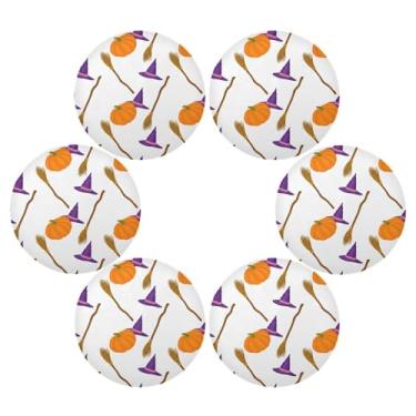 Imagem de Wassud Jogo americano conjunto de 6 tapetes de mesa redondos de abóbora e vassouras para cozinha e jantar tapetes laváveis resistentes ao calor decoração de mesa 39 cm