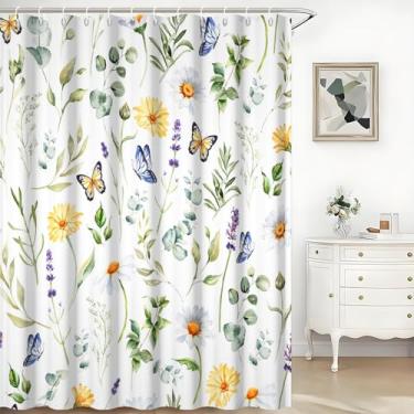 Imagem de TTQYFNM Cortina de chuveiro floral estilo rural primavera flores silvestres folhas de borboleta cortina de chuveiro para banheiro decoração de banheira tecido poliéster impermeável conjunto de