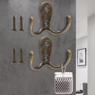 Imagem de 2 conjuntos de ganchos retrô cabides de toalha de parede para chapéus, roupas, ganchos de armazenamento doméstico, gancho duplo de parede, 5,2 x 3,9 x 2,2 cm (Bronze)