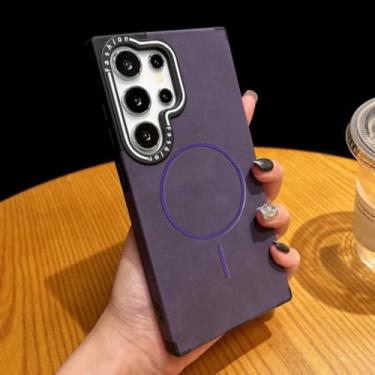 Imagem de HJZSZX Capa magnética de couro retrô com carregamento sem fio e à prova de choque para Galaxy S24 PLUS (para Galaxy S24 PLUS/roxo escuro)