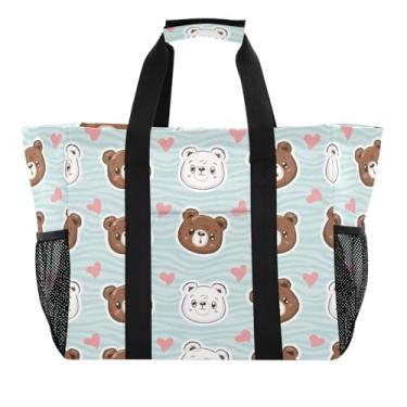 Imagem de Wassud Caras de urso de desenho animado reutilizável sacola grande bolsa de lona impermeável organizador para praia, piquenique, lavanderia, viagem