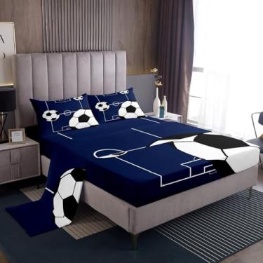 Imagem de Erosebridal Jogo de lençol casal com tema esportivo para meninos, quadra de futebol, playground, azul, branco, lençol com elástico
