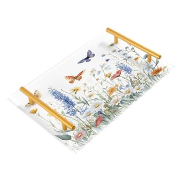 Imagem de Wassud Charmosa bandeja de banheiro de flores e borboletas com alças organizador de perfume de joias de acrílico para banheiro, quarto, cozinha, balcão de 30 x 20 cm