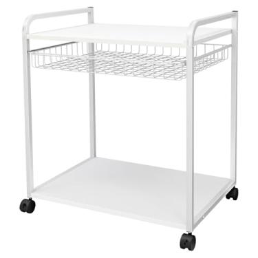 Imagem de ELwPet Suporte para impressora de armazenamento de 2 níveis com cesta, carrinho de impressora com rodinhas sob a mesa, mesa de impressora com rodas, branco
