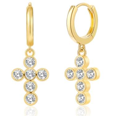 Imagem de FEEL STYLE Brincos de cruz banhados a ouro 14K banhado a ouro branco para mulheres e homens, hipoalergênico delicado leve pequeno brinco de argola, Metal, Zircônia cúbica