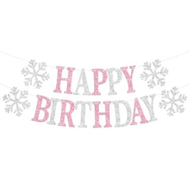 Imagem de Snowflake Happy Birthday Banner, Winter Wonderland Party Hanging Decorations, Frozen Winter Wonderland Christmas Snowflake Theme Baby Shower Birthday Party Decorations Supplies Silver and Pink Glitter