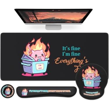 Imagem de HAOCOO Conjunto de tapete de mesa fofo 4 em 1, mouse pad ergonômico com descanso de pulso de gel, descanso de pulso de teclado de espuma de memória para alívio da dor, porta-copos protetor de mesa