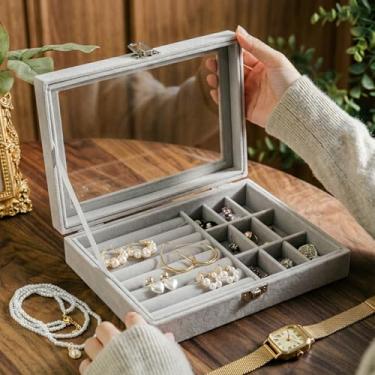 Imagem de Caixa organizadora de joias de veludo com tampa transparente com 9 grades e 8 compartimentos para anéis, brincos, colares, bandeja, caixa de exibição, cinza