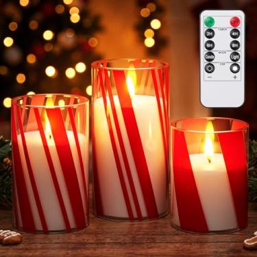 Imagem de Glooglitter 3 velas de vidro de Natal sem chamas com temporizadores remotos, castiçal listrado vermelho, vela cintilante operada por bateria, castiçal de LED sem chama para festa de Natal, decoração
