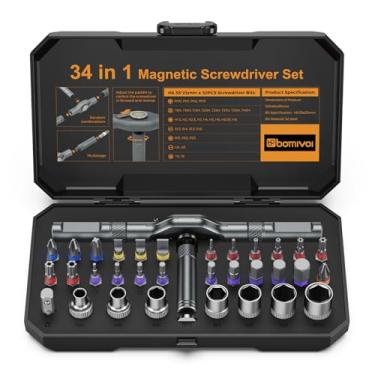 Imagem de Bomivoi Conjunto de chaves de fenda magnética 34 em 1, conjunto de chaves de fenda de catraca com adaptador de soquete de 1/10.2 cm, 24 pontas e 7 soquetes hexagonais, alça modular, kit de ferramentas
