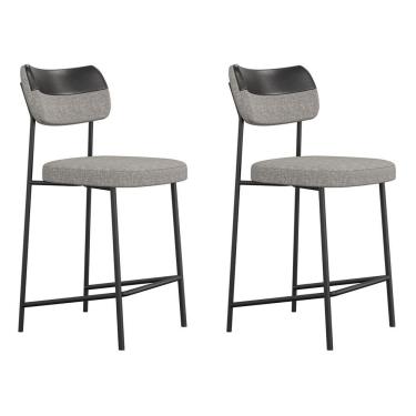 Imagem de Kit 02 Banquetas Médias Cozinha Lila Com Encosto Couríssimo Preto Linho Cinza - Desk Design