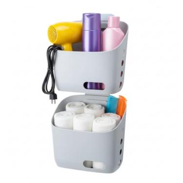 Imagem de Cesta suspensa de plástico, organizador de armazenamento de cozinha, cesta com gancho removível, pendure-a atrás de uma porta ou em um corrimão, sobre a porta do armário (cinza claro, grande) pacote