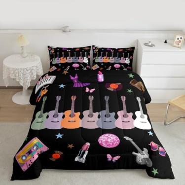 Imagem de jejeloiu Conjunto de cama para meninas, com estampa de guitarra, estilo queen, preto, estética, moderno, discoteca, borboleta, discoteca, borboleta, 1 edredom, 2 fronhas, conjunto de edredom