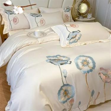 Imagem de Jogo de cama de algodão com bordado, capa de edredom dupla, lençol de baixo ou de cima e fronhas em algodão puro, cor marfim, tamanho casal (4 peças).
