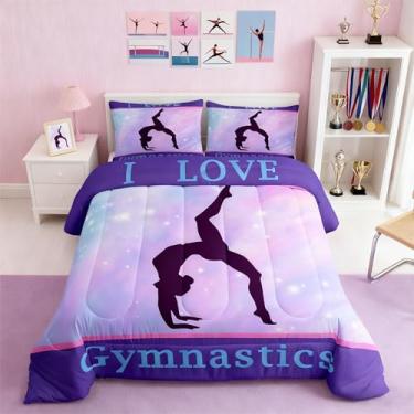Imagem de Homewish Conjunto de edredom com arte de ginástica, para crianças, meninas, mulheres, adultos, colorido, gradiente, conjunto de edredom acolchoado para esportes de dança, coleção de quarto, tamanho