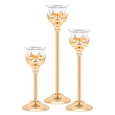 Imagem de Conjunto de 3 castiçais de metal para luz de chá com 3 copos de vidro, peça central de candelabro elegante de 30/20/20.3 cm para decoração de mesa de casamento, decoração de festa em casa em camadas