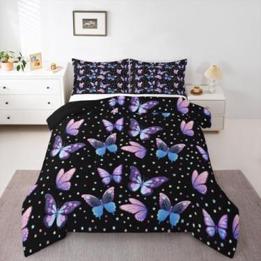 Imagem de Erosebridal Jogo de cama solteiro com borboletas estéticas e azuis e roxas, para quarto de mulheres, crianças, meninas, galáxia mística, preto, com estampa de estrelas, enchimento de edredom