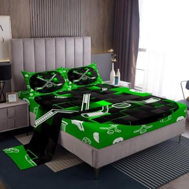 Imagem de Erosebridal Jogo de lençol solteiro de hóquei, verde e preto, neon, geométrico, quadriculado, esportes de inverno, disco de hóquei no gelo, 1 lençol com elástico, 1 lençol de cima e 1 fronha