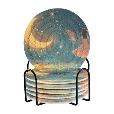 Imagem de Conjunto de 6 porta-copos circulares estilo desenho animado com rack de armazenamento preto, 10 cm de diâmetro, porta-copos para mesa de centro