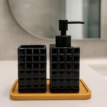 Imagem de Kit Banheiro Lavabo em Cerâmica com Dispenser para Sabonete Líquido e Porta Escova de Dente Decorativo(PRETO QUADRADINHOS)