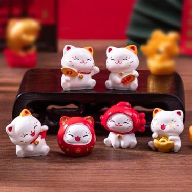 Imagem de FENNYYAR 6 mini ornamentos de resina de desenho animado Maneki Neko, 2,5 cm, modelo de gato da sorte para quarto, mesa, decoração de carro