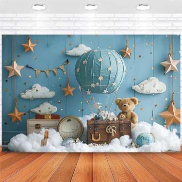 Imagem de Fundo fotográfico de urso de balão de ar quente para chá de bebê, meninos, um primeiro aniversário, bagagem, fundo de aventura, bolo, festa de aniversário infantil, pano de fundo para chá de