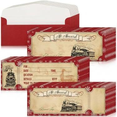 Imagem de Convites de bilhete de Natal Believe com envelopes, 50 peças, 25 convites vintage de trem Believe com 25 envelopes para festa de Natal, convites em branco para festas de Natal, suprimentos para eventos de trabalho