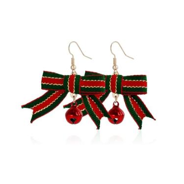 Imagem de Brincos femininos com laço verde e vermelho com pingente de sino delicado festival, feriado, laço, bola, sino, pingente, anzol, joia fofa para festa de Natal, Medium, Metal, Sem pedra preciosa