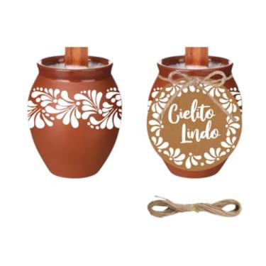 Imagem de FYSUIMU 12 conjuntos de velas Cielito Lindas velas de terracota de cerâmica de argila com etiquetas de papel para festa mexicana Cinco de Mayo aniversário chá de bebê decoração de festa de casamento