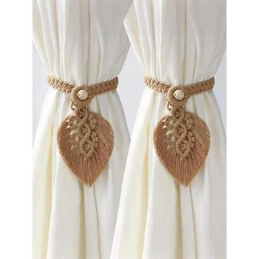 Imagem de Pacote com 2 laços de cortina de macramê Boho – Retentores de cortina em forma de folha feitos à mão, laços de cortina de corda tecida, tratamentos decorativos de janela para quarto e sala de estar