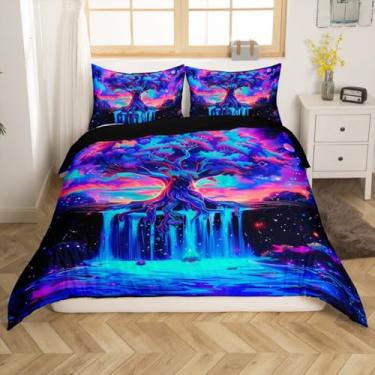 Imagem de Erosebridal Capa de edredom com árvore da vida, rainha, arco-íris, árvore da vida, galáxia, céu estrelado, capa de edredom para crianças, meninos, meninas, cachoeira, 2 fronhas