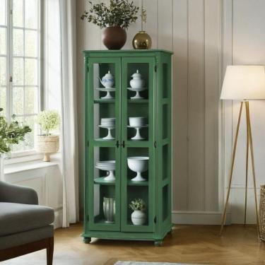 Imagem de Cristaleira Rústica De Madeira 3 Prateleiras Pés Torneados - Verde Kalle Laca