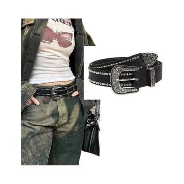 Imagem de Cinto De Couro Punk Rock Preto Ajustável Para Mulheres Com Decoração D