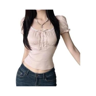 Imagem de Camiseta Feminina Slim-fit Com Botões E Detalhes Em Renda, Gola Quadra
