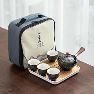 Imagem de Conjunto de chá portátil para viagens completo Cerâmica Kung Fu Rotação automática Uma panela Quatro xícaras lateral com Bolsa viagem Fácil usar Conve