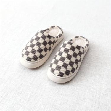 Imagem de Chinelos de casa para mulheres e homens, chinelos de quarto xadrez felpudos antiderrapantes macios macios macios e aconchegantes espuma viscoelástica quente inverno sapatos femininos para casa para