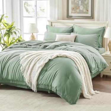 Imagem de Andency Conjunto de edredom king grande com lençol 120 x 120 verde sálvia – 7 peças de cama boho borla em uma bolsa, conjunto de cama leve e macio, conjunto de cama com franjas enferrujadas com