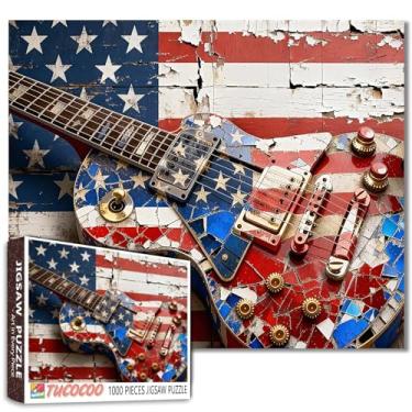 Imagem de Quebra-cabeça de 1000 peças para adultos rústico bandeira da América quebra-cabeça música guitarra com bandeira dos EUA 1000 peças jogo patriótico pinturas de dia indepedente decoração de parede DIY
