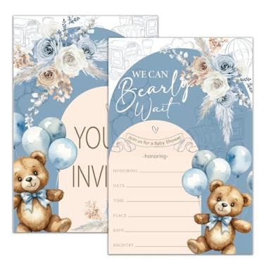 Imagem de Moonle Convites para chá de bebê com balão de urso, convites temáticos We Can Bearly Wait para meninos e meninas, 20 convites de preenchimento com envelopes, suprimentos de decoração de festa de balão