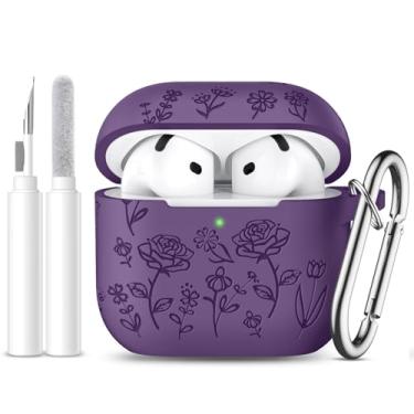 Imagem de Dgege Capa para AirPods 4 (2024), linda capa de flor gravada compatível com Apple Airpods 4, capa protetora de silicone macio para AirPods 4, capa com chaveiro e kit de limpeza para mulheres, homens