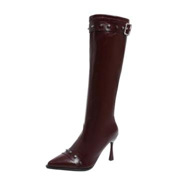 Imagem de Botas de cano alto femininas casuais versáteis bico fino fivela de metal plus size outono inverno moda salto alto botas de cano alto, Vermelho, 39