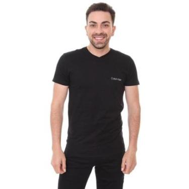 Imagem de Camiseta Calvin Klein Swimwear Masculina V-Neck Slim Fit Logo Preta-Masculino