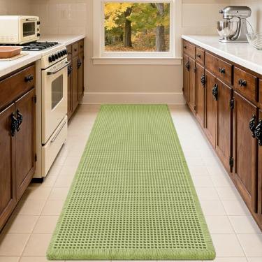 Imagem de IM HOME Tapete de banheiro Waffle verde sálvia 1,8 m x 5 cm, tapetes modernos de tecido boêmio, tapetes de banheiro absorventes antiderrapantes, tapetes de banho macios laváveis com borlas para