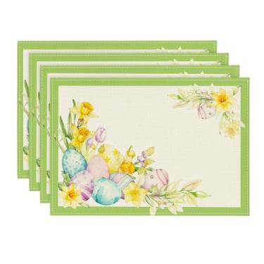 Imagem de Artoid Mode Jogo americano verde, coelhinho, ovos, flores, folhas, Páscoa, conjunto com 4, 30,5 x 45,7 cm, tapetes de mesa sazonais para festas, cozinhas, jantares, decoração