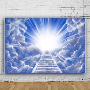 Imagem de XMJJKUF Céu azul sol nuvem escada cenário luz do sol cenários 3 x 2,4 m fundo de páscoa igreja cristã decorações bebê recém-nascido festa retrato estúdio fotográfico
