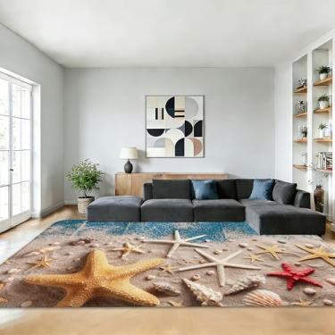 Imagem de Tapetes de praia costeira para sala de estar, 12 x 18 cm, tapete de estrela do mar, lavável, antiderrapante, macio, tapetes grandes para sala de jantar, berçário, decoração de casa infantil estética