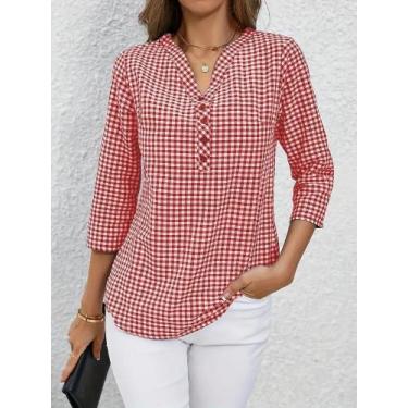 Imagem de Blusa Feminina plus Size Xadrez Manga Longa Decote V Ajustada Moda Pri