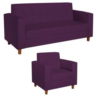 Imagem de Kit Sofá 2 Lugares e Poltrona Denver Suede - Doce Sonho Móveis, Roxo