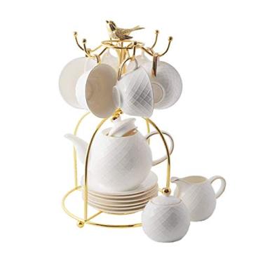 Imagem de Conjunto de chá de cerâmica de titânio retrô europeu com suporte de metal, conjunto de xícaras de chá de porcelana, para casamento, estilo simples e luxuoso, conjunto de xícara de chá e pires